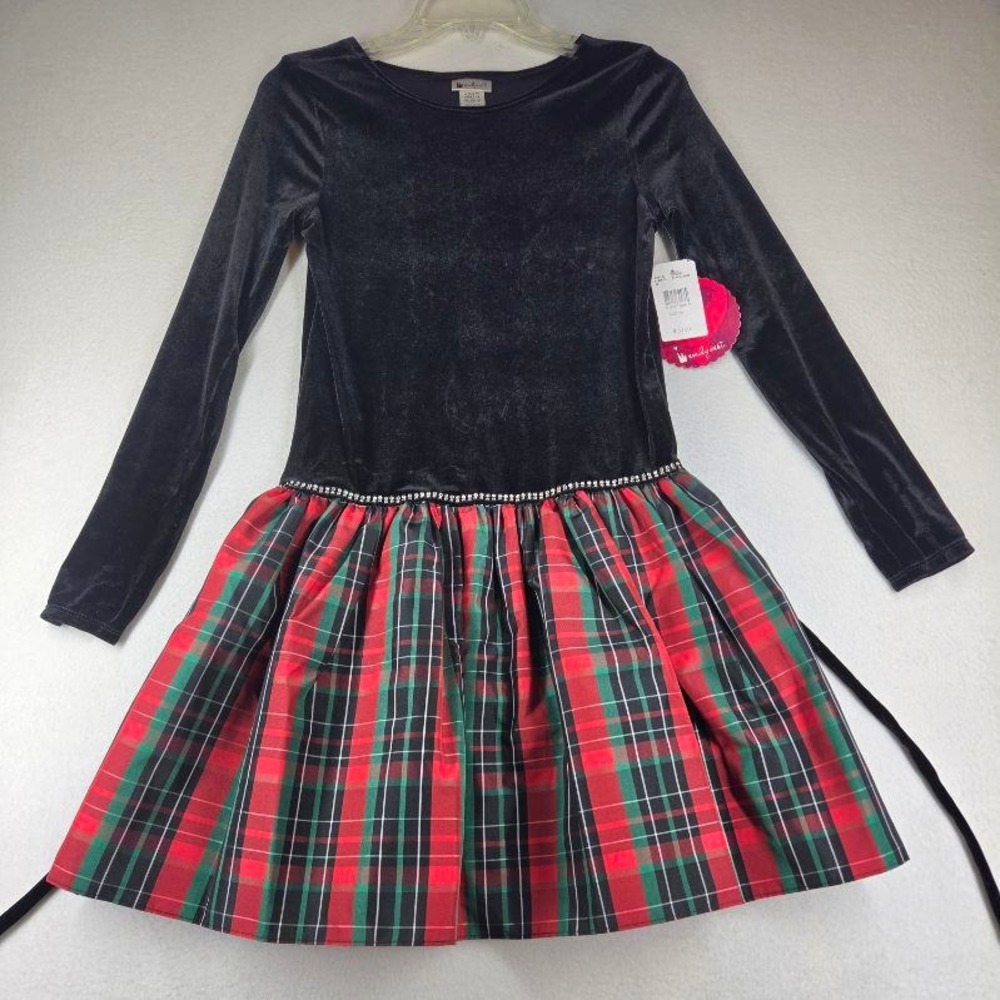 NWT Emily West Girls 16 Holiday Party Dress Black Velvet Red Green Plaid